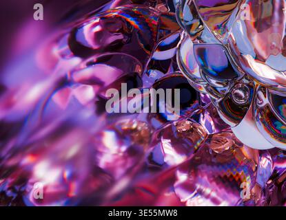 3D-Rendering eines abstrakten Flüssigglas-Clusters, bestehend aus glatten, miteinander verbundenen Blasen mit stark reflektierenden und irisierenden Oberflächen. Stockfoto