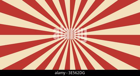 Sonnenstrahl-Zirkus. Circus Retro Hintergrund. Radialer Vintage-Burst. Heller Streifen. Sonnendurchlässiges rotes Muster. Energieleitung der Strahlen. Gestreifte Struktur mit Alterungseffekt Stock Vektor