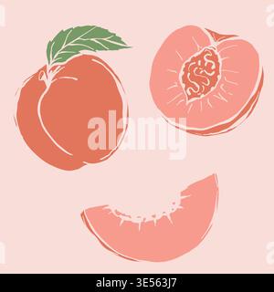 Set aus abstraktem Vektor-Pfirsich. Einfacher Pfirsich. Design der tropischen Obstkollektion für Innenraum, Poster, Cover, Banner. Vektorabbildung Stock Vektor