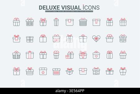 Geschenkbox Grafiken, Geburtstagsgeschenke, Weihnachtsüberraschung Verpackung, festliche Belohnungselemente, E-Commerce Geschenk Schnittstelle rote schwarze Linie Symbole setzen Vektor Illustration Stock Vektor