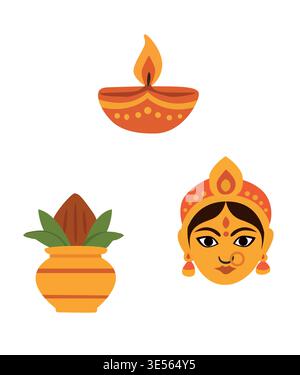 Teej Diya Lampe, kalash und traditionelle weibliche Gesichtsabbildung, indische festliche Symbole im modernen flachen Stil. Stock Vektor