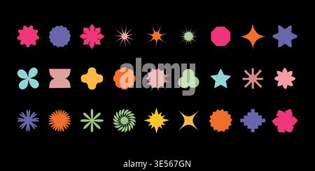 Großes Retro Vintage Set geometrische Formen schwarzer Hintergrund. Trendige abstrakte, minimalistische Figuren, Sterne, Blumen, Kreise. Moderne abstrakte grafische Elemente Stock Vektor