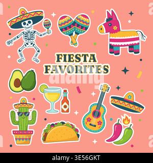 Mexikanische Fiesta Celebration Aufkleber mit Skelett Taco und Maracas Stock Vektor