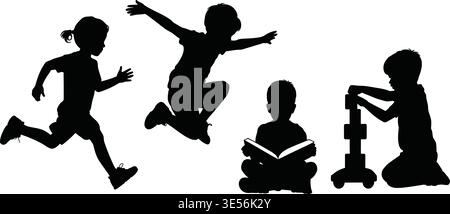 Set mit verspielten Silhouetten für Kinder, die verschiedene Aktivitäten wie Laufen Springen Lesen und Bauen mit Blöcken ausführen Stock Vektor