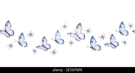 Aquarell nahtloser Rand aus Blau, lila Farben Schmetterlinge, handgezeichnete Skizze von anmutigen, sanft gefleckten fliegenden Insekten, Motten, Frühling, Sommer Illus Stockfoto
