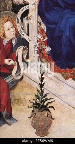 BROEDERLAM, Melchior (aktiv 1381-1409) die Verkündigung (Detail) 1393-99 Tempera auf Holz Mus?e des Beaux-Arts, Dijon das Bild zeigt ein Detail des linken Flügels des Dijon Altars. Die Lilie mit vier Blüten, die im Vordergrund zwischen Maria und dem Engel Gabriel steht, ist ein etabliertes Symbol der Jungfräulichkeit. --- Schlüsselwörter: ----------------- Autor: BROEDERLAM, Melchior Titel: Die Verkündigung (Detail) Zeitlinie: 1351-1400 Schule: Flämische Form: Malerei Typ: Religiös Stockfoto
