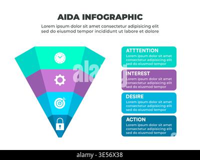 Bunte TrichterAIDA-Infografik, die Marketingstufen mit Symbolen darstellt Stock Vektor