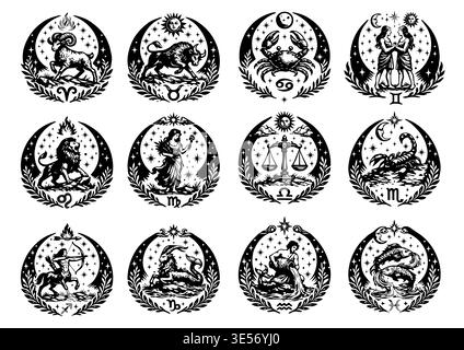Set aus zwölf Tierkreiszeichen in Vintage-Holzschnitt-Stil. Schwarz-weiße kreisförmige astrologische Embleme mit Sternen, Monden und symbolischen Tieren Stock Vektor