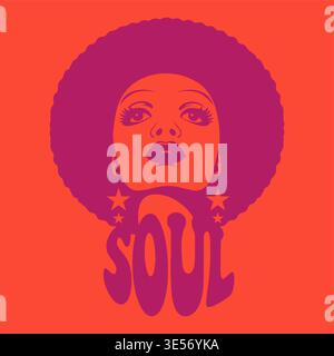 Retro-Soul-Frau mit Afro-Frisur in kräftigen Farbverläufen. Vintage-Typografie inspiriert von Funk- und Soul-Kultur der 1970er Jahre. Stock Vektor