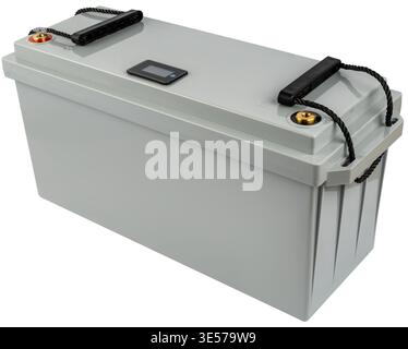 Zuverlässige Gelbatterie für USV und Notstromversorgung für Geräte, auf weißem Hintergrund mit Isolierung Stockfoto