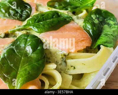 Makrofoto aus Nahaufnahme eines zubereiteten Pastagerichts mit flachen Bandnudeln, wahrscheinlich Fettuccin oder Tagliatelle, überzogen mit einer cremigen grünen Sauce. Stockfoto