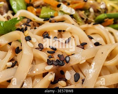 Makroaufnahme asiatischer Weizennudeln (Udon-Stil) garniert mit schwarz-weißen Sesamsamen. Die Hochglanznudeln stehen im Vordergrund mit Stockfoto