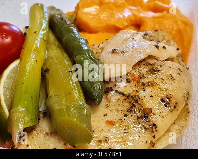 Makrofoto einer gesunden Gourmet-Mahlzeit, die auf einem weißen Teller oder Behälter serviert wird. Das Gericht besteht aus gewürzten Weißfischfilets mit garniert Stockfoto