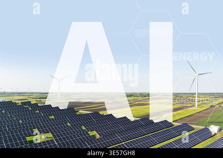 Solarpaneele und Windturbinen. Nachhaltige Energie... Stockfoto