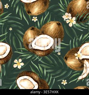 Wasserfarben tropische Kokosnuss nahtloses Muster auf dunkelgrünem Hintergrund. Blätter und weiße Blüten. Sommer isoliert Hand gezeichnet exotische Illustration Stockfoto