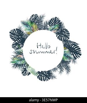 Handfläche lässt Hintergrund für Text. Rundrahmen Hallo Sommer. Handgezeichnet. Nicht AI, Vektordarstellung. Stock Vektor