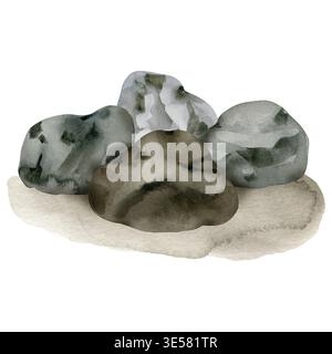 Handgezeichnete Aquarellillustration einer Gruppe von grauen und braunen Steinen. Dieser isolierte Steinhaufen verfügt über realistische Texturen und Schatten, perfekt Stockfoto