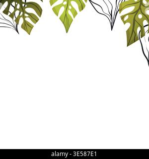 Blumenrahmen mit bunten exotischen Zweigen auf weißem Hintergrund. Kunstvolle Bordüre mit tropischen Blättern. Vektor Stock Illustration für Tapeten, Poster Stock Vektor