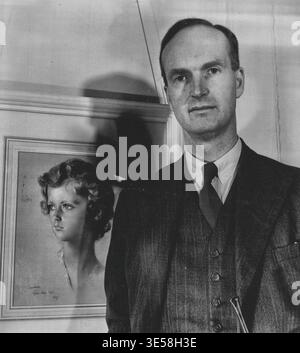 Sir Oliver Franks, K.C.B., gegen ein Porträt seiner älteren Tochter, der achtjährigen Caroline. Juli 1948. (Foto vom Zentralbüro von in Stockfoto