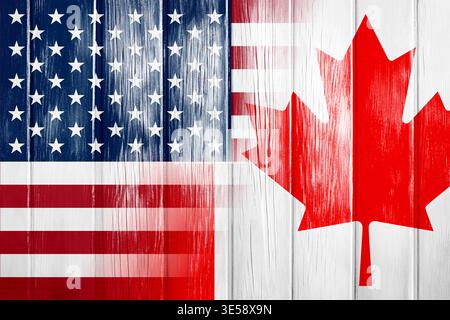 Nationalflaggen der USA und Kanadas auf Holzdielen Stockfoto