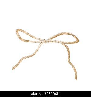 Aquarellillustration eines Jute-Seilbogens, isoliert auf weißem Hintergrund. Handgemaltes braunes Garnband, rustikales Dekoelement für umweltfreundliches Design Stockfoto