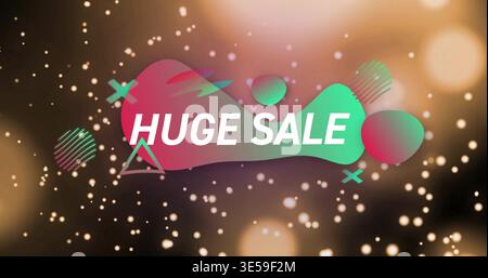 Mit einem RIESIGEN ANGEBOT auf rosafarbenem bis grünem Blob auf digitalem Banner, mit blauen Akzenten und goldenem Bokeh Stockfoto