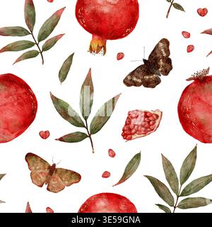 Künstlerische Darstellung Von Früchten Und Insekten. Elegante Naturmotive Mit Vintage Und Poetischem Charme. Stilvolle Aquarellkomposition mit Reifen Früchten und zarten Insekten für Dekor handgezeichnetes Aquarellmuster. Stockfoto