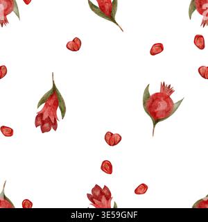 Skurriles Aquarell Mit Granatapfelblumen Und Bezaubernden Konfetti-Elementen. Künstlerische Aquarellanordnung von Granatapfelblüten mit winzigen Herzen und Blütenblättern für besondere Anlässe handgezeichnetes Aquarell nahtloses botanisches Muster. Stockfoto