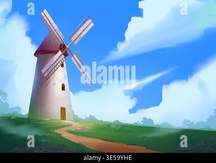 Illustration einer bezaubernden Windmühle auf einem Grashügel unter einem hellen blauen Himmel und weichen Wolken Stockfoto
