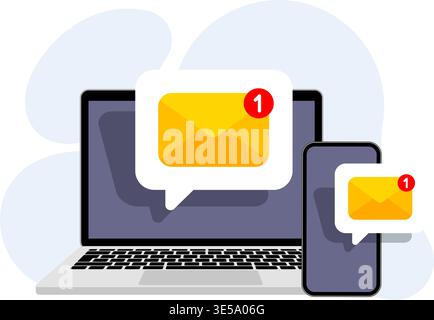Flache Vektorgrafik eines Laptops und Mobiltelefons mit ungelesenen Nachrichten-Alerts mit gelben Umschlagsymbolen. Abbildung: Stock Vektor