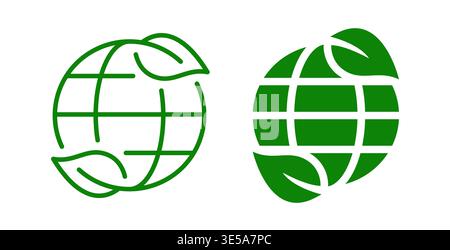 Öko-Globus mit Leaves-Symbol in Umrissen und gefüllten Vektorstilen. Repräsentiert Umweltschutz, Nachhaltigkeit und Konzept des grünen Planeten. Stock Vektor