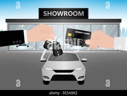 Neuwagenkonzept Kaufen. Der Verkäufer gibt dem Kunden nach einer Zahlung im Showroom einen Fahrzeugschlüssel. Vektorabbildung. Stock Vektor