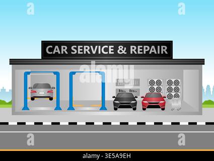 Autoreparatur- und Servicecenter. Fahrzeugwartung. Vektorabbildung. Stock Vektor