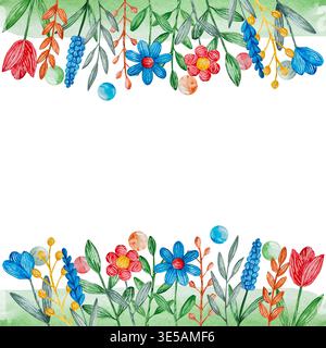 Eine farbenfrohe Illustration mit Blumenrand in Aquarellen mit bunten Blumen, Blättern und Stämmen. Die zarten handgezeichneten Blumen in Rot-, Blau-, Stockfoto
