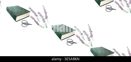 Nahtloses Muster für Buch, Lavendel und Schere. Handgemalter botanischer Wiederholungshintergrund für Stoff, Geschenkpapier, Schreibwaren, Branding und Stockfoto