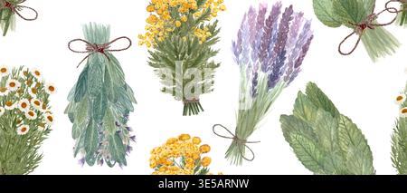 Kräuterbündel nahtloses Muster mit Lavendel, Salbei, Kamille. Handgemalte Aquarellwiederholung mit natürlichen Wildblumen für Stoff, Verpackung Stockfoto