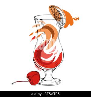 Tequila Sonnenaufgang, Mai Tai tropischer Cocktail, Fruchtsaftspritzer in Hurrikanglas Hand in Tinte gezeichnet, Vektor orange rot Wirbel, Kirsche und Zitrus Stock Vektor