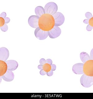 Nahtloses Muster mit zarten lila Gänseblümchen und warmen Orangenmitten. Entzückendes, sich wiederholendes Blumendesign, perfekt für Babykleidung und Textilien im Kinderzimmer Stockfoto