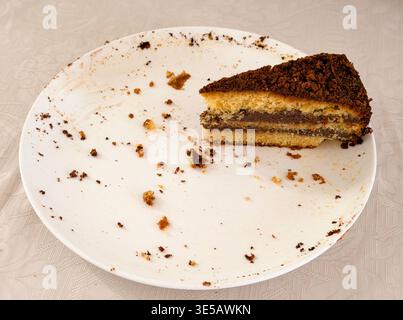Das letzte Stück mehrschichtiger Gluten- und laktosefreier Biskuitkuchen, der auf einer weißen Platte mit Krümeln verbleibt Stockfoto