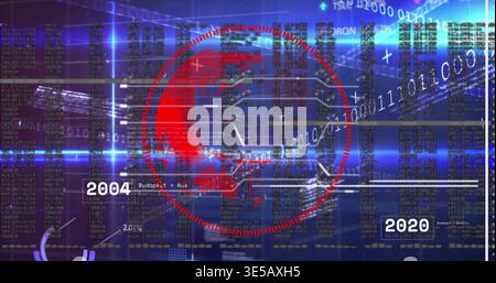 Anzeige des zentralen roten Globus im Kreis auf dem digitalen Armaturenbrett, Verbindung zwischen 2004 und 2020 Zeitachse Stockfoto