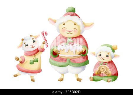 Weihnachtstiere Familie mit Feiertagsdesserts Aquarellillustration. Zeichentrickfilme Schafe, Ziege und Lamm mit Zuckerrohr und handgezeichneten süßen Kuchen Stockfoto