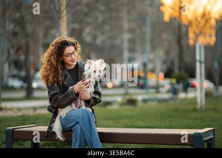 Junge Erwachsene Frau mit Smartphone und Hund auf Parkbank Stockfoto