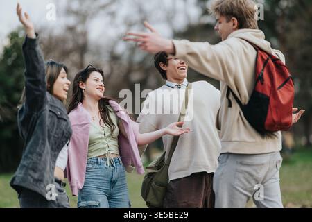 Vier Teenager-Freunde grüßen einander und lachen zusammen draußen im Park Stockfoto