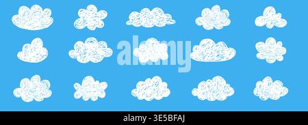Buntstift Wolke handgezeichnet naive Kinder, Baby, Schule Hintergrund Design. Kindliche kritzelnde blaue Wolken, gezeichnet mit Kreidewetterelementen, Kinderzeichnungen. . Vektorabbildung Stock Vektor