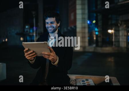 Lächelnder Geschäftsmann, der nachts im Freien ein Tablet benutzt, um an einer Geschäftspräsentation zu arbeiten Stockfoto