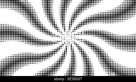 Hypnotisches Drehmuster mit Halbtonstruktur und wirbelnden Radialstreifen. Süßer, von Süßigkeiten inspirierter spiralförmiger Hintergrund mit leuchtenden Punkten, Retro-Sonnenstrahlen und psychedelischer Energie. Stock Vektor