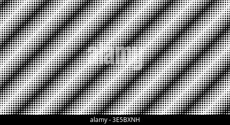 Halbtondiagonale Streifen aus Punkten, die einen Verlaufsübergang erzeugen. Abstraktes Muster mit kreisförmigen Elementen, die schräge Linien auf kontrastierendem monochromen Hintergrund bilden. Stock Vektor
