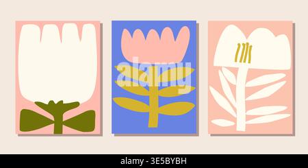 Minimales abstraktes Blumenkunstwerk. Sanfte rosa und cremefarbene botanische Plakate. Posterkollektion Blumenmarkt. Stock Vektor