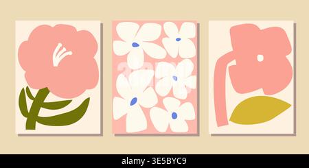 Modernes abstraktes florales Poster-Set. Minimale Blumenkunst in Pastellfarben. Botanische Wandkunst. Stock Vektor