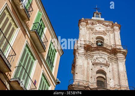 Malaga Spanien, Andalusien, Centro Historico Antiguo de Malaga, Historisches Zentrum, Malaga Kathedrale Iglesia Catedral de la Encarnacion Glockenturm mit Ornamentik Stockfoto